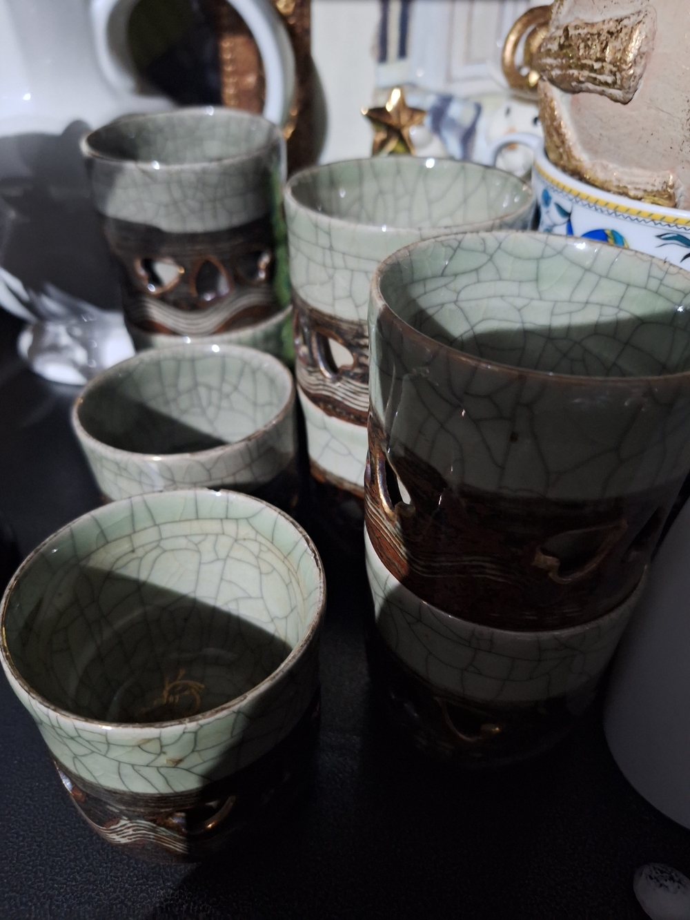 8 Soma Ware Celadon Crackle Glazed Ceramic Tea Cups - Elegant Green Finish